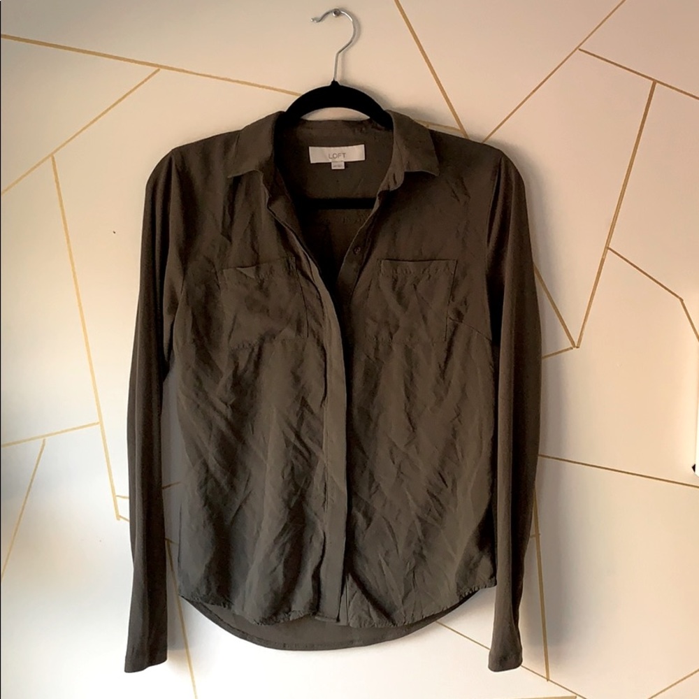 LOFT Dark Green Long-sleeved Button Down Top
